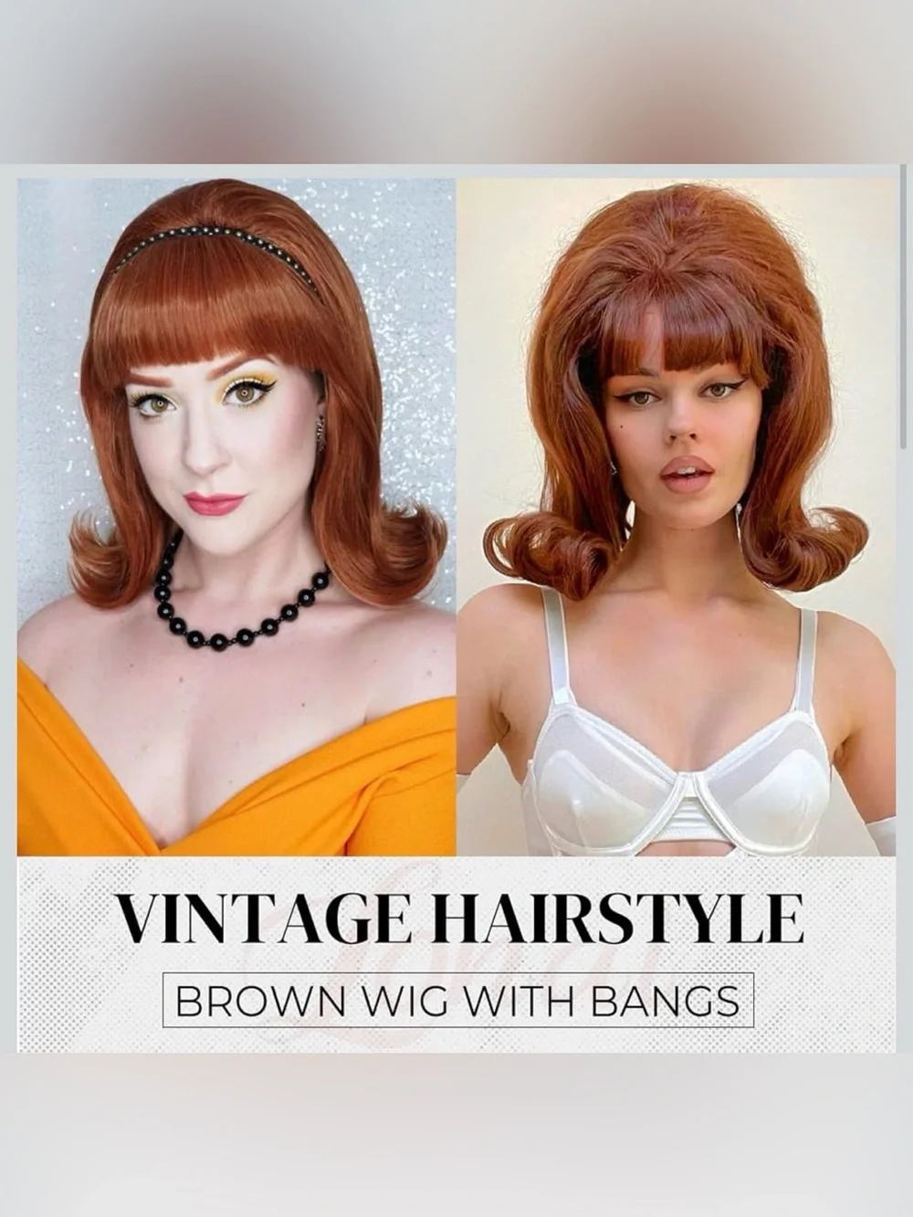 NWT LONAI Retro Brown Wig 50s 60s 70s Wig with Bangs  Synthetic Hair Ginger